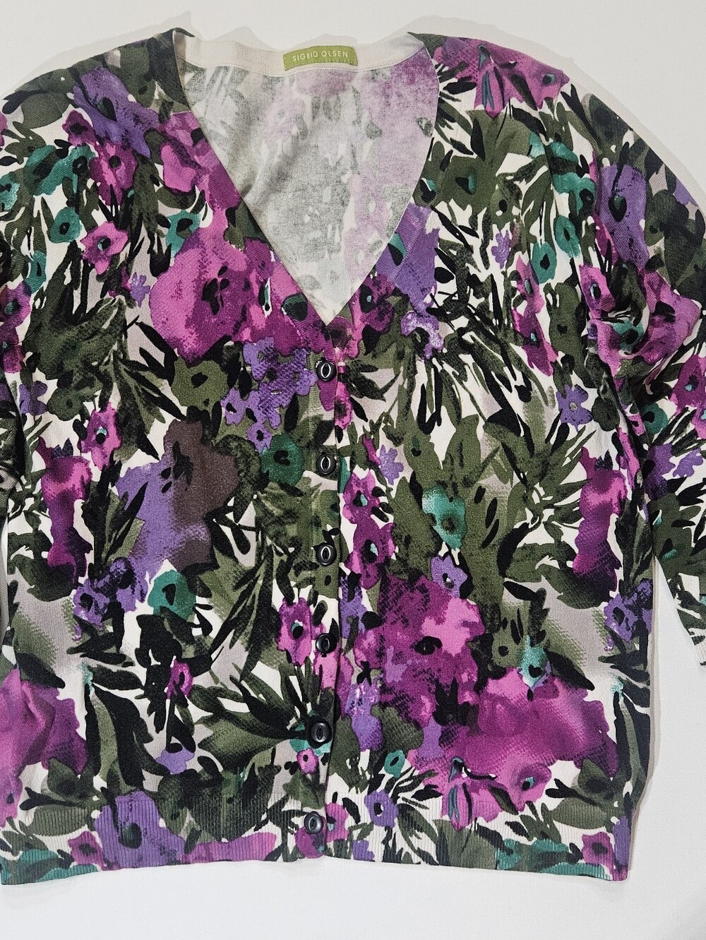 Vintage Sigrid Olsen Cardigan Sweater Womens Medium Purple Green Floral Print